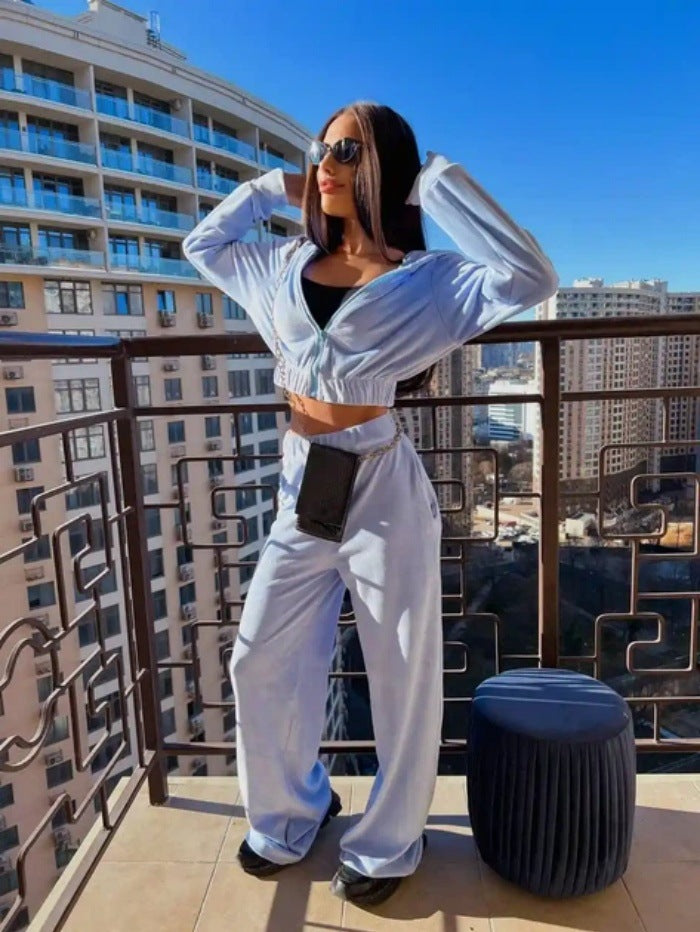 Damen Sportliches Velours-Loungewear-Set mit Kapuze und elastischem Bund Drune