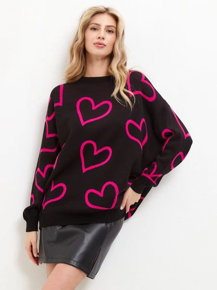 Damen Oversized Pullover mit Herzmuster und lässigem Schnitt Drune