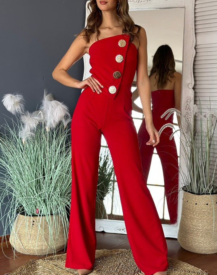 Damen Eleganter Jumpsuit mit schulterfreien Design und dekorativen Knöpfen Drune