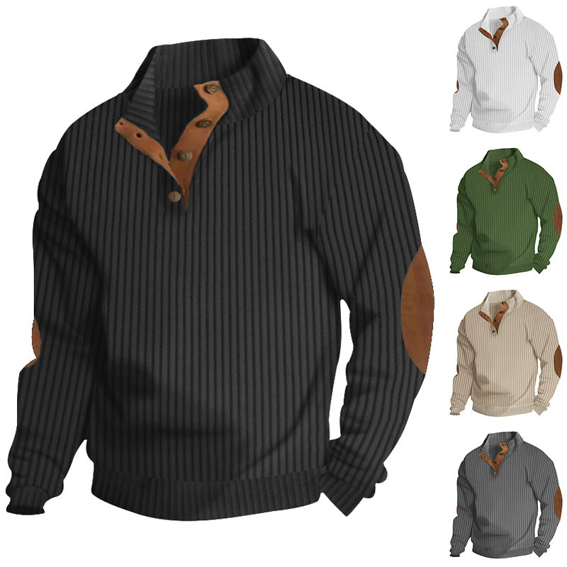 Herren nan strukturierter Ripp-Pullover mit kurzem Knopfkragen und Wildleder-Ellbogenpatches Drune