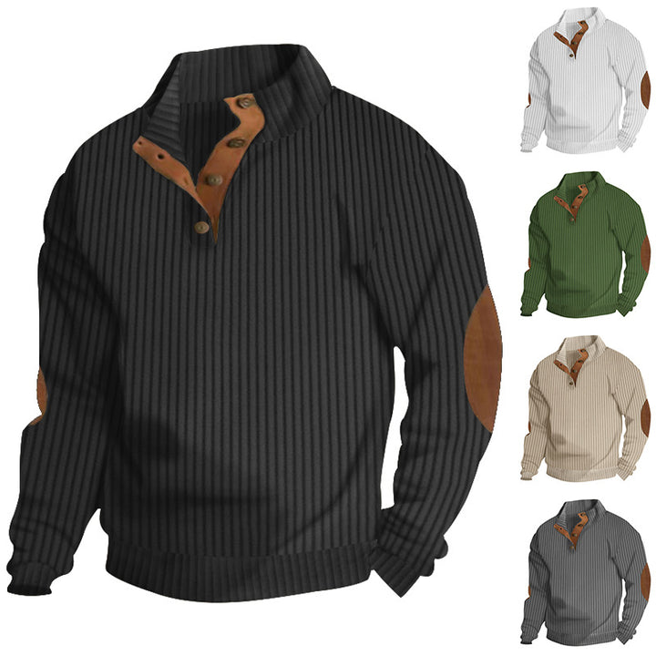Herren nan strukturierter Ripp-Pullover mit kurzem Knopfkragen und Wildleder-Ellbogenpatches Drune