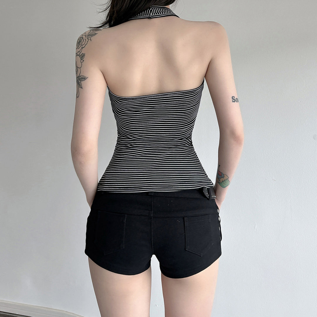 Damen Sportliches Haltertop mit breitem Kragen und feinen Streifen Drune