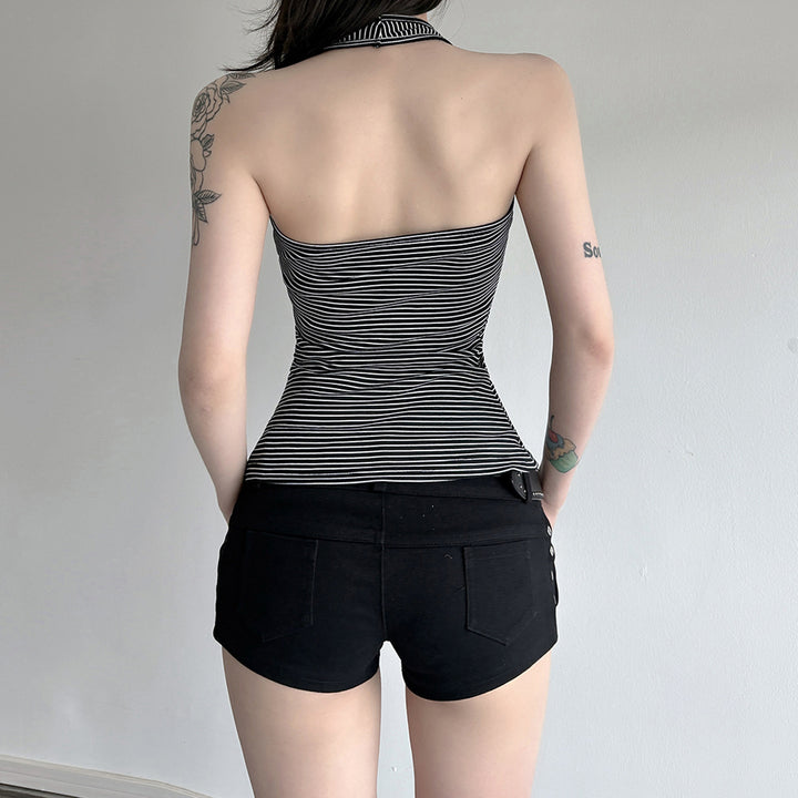 Damen Sportliches Haltertop mit breitem Kragen und feinen Streifen Drune