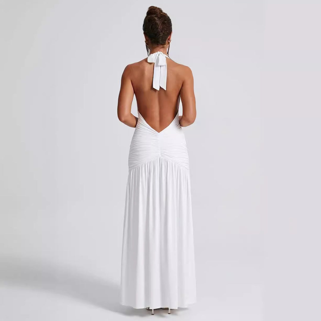 Damen Maxikleid mit tiefem V-Ausschnitt und Rüschen Drune