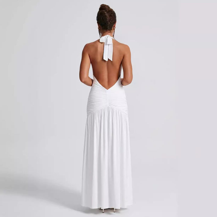Damen Maxikleid mit tiefem V-Ausschnitt und Rüschen Drune