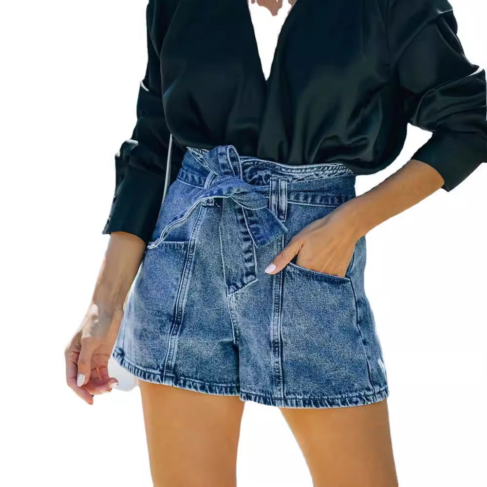 Damen Denim-Shorts mit hohem Bund und Taillengürtel Drune