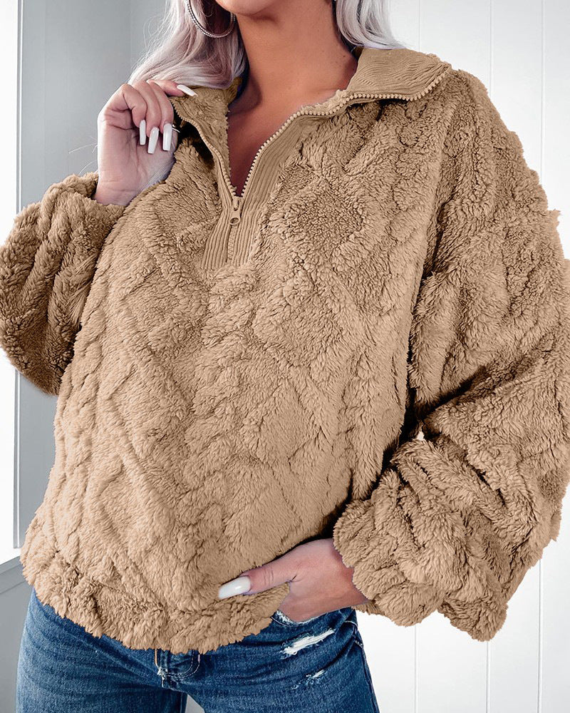 Damen nan Plüsch-Sherpa-Pullover mit halbem Reißverschluss, Stehkragen und oversized Silhouette Drune