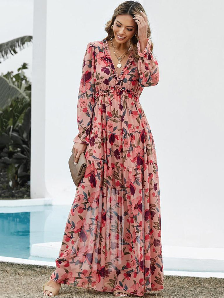 Damen Maxikleid mit floralem Vintage-Druck und V-Ausschnitt Drune
