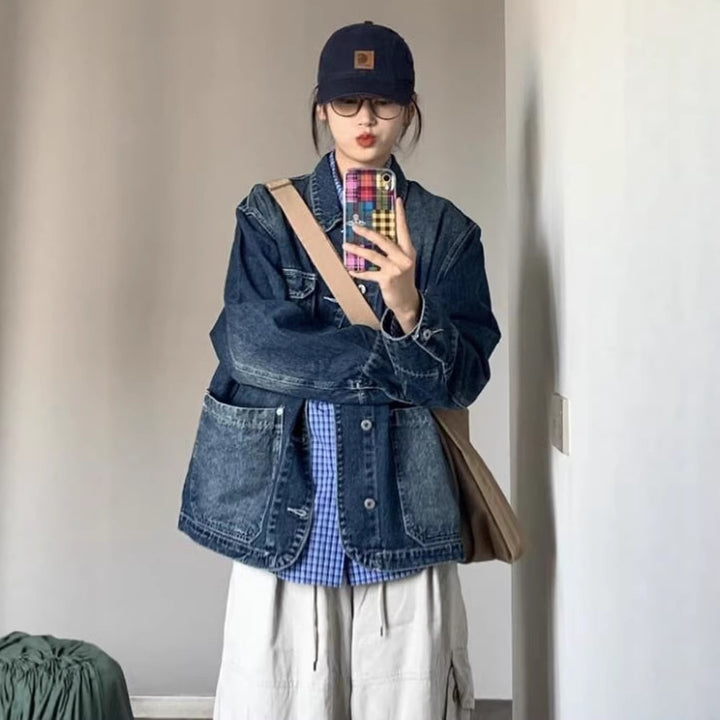 Damen Modische Denim-Jacke mit großen Taschen Drune