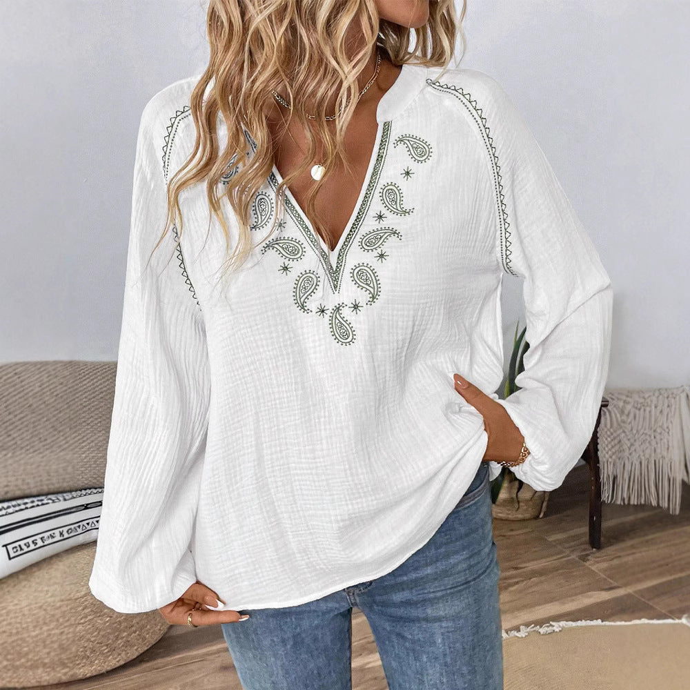 Damen nan bestickte Baumwoll-Gauze Tunika-Bluse mit ornamentaler V-Ausschnitt-Stickerei und Trompetenärmeln Drune