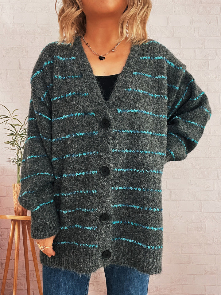 Damen gemütlicher Strickcardigan mit Streifenmuster und großen Knöpfen Drune