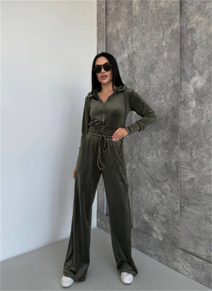 Damen Velours Lounge-Set mit tailliertem Hoodie und elastischen Hosen Drune