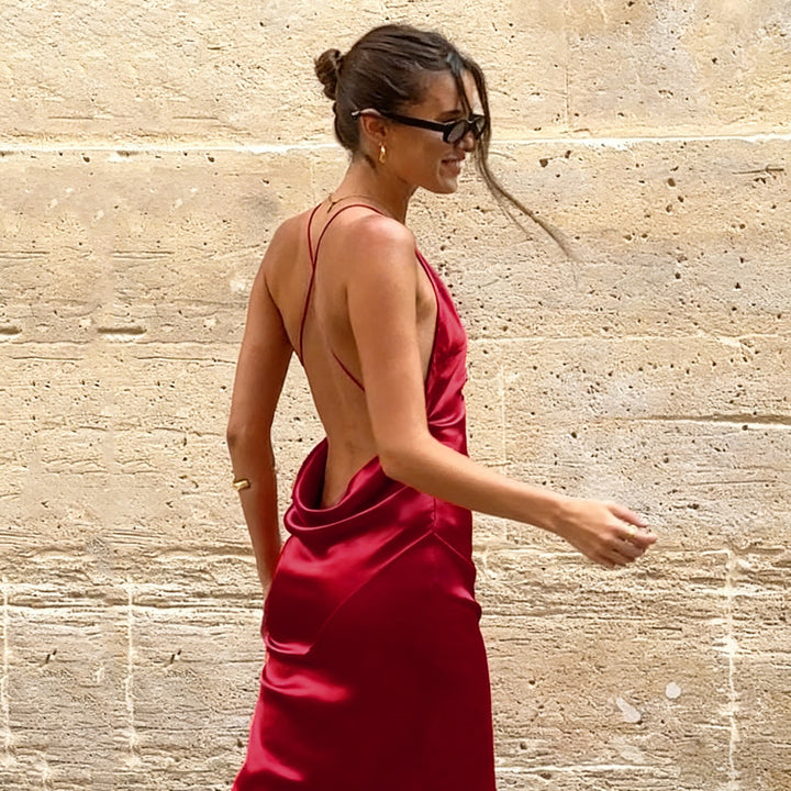 Damen Maxi-Kleid mit tiefem V-Ausschnitt und fließendem Saum Drune