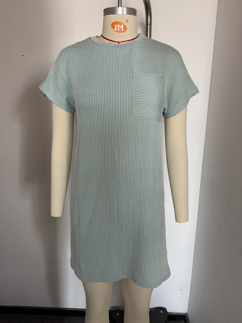 Damen lässiges Kurzarm-Kleid mit gestreiftem Design und praktischer Tasche Drune