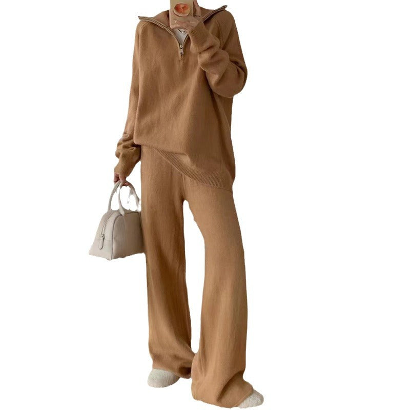 Damen Lässiger Strickanzug mit hohem Kragen und Reißverschluss Drune
