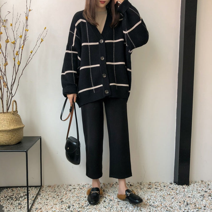 Damen Grobstrickjacke mit modischem Karo-Muster und praktischen Taschen Drune