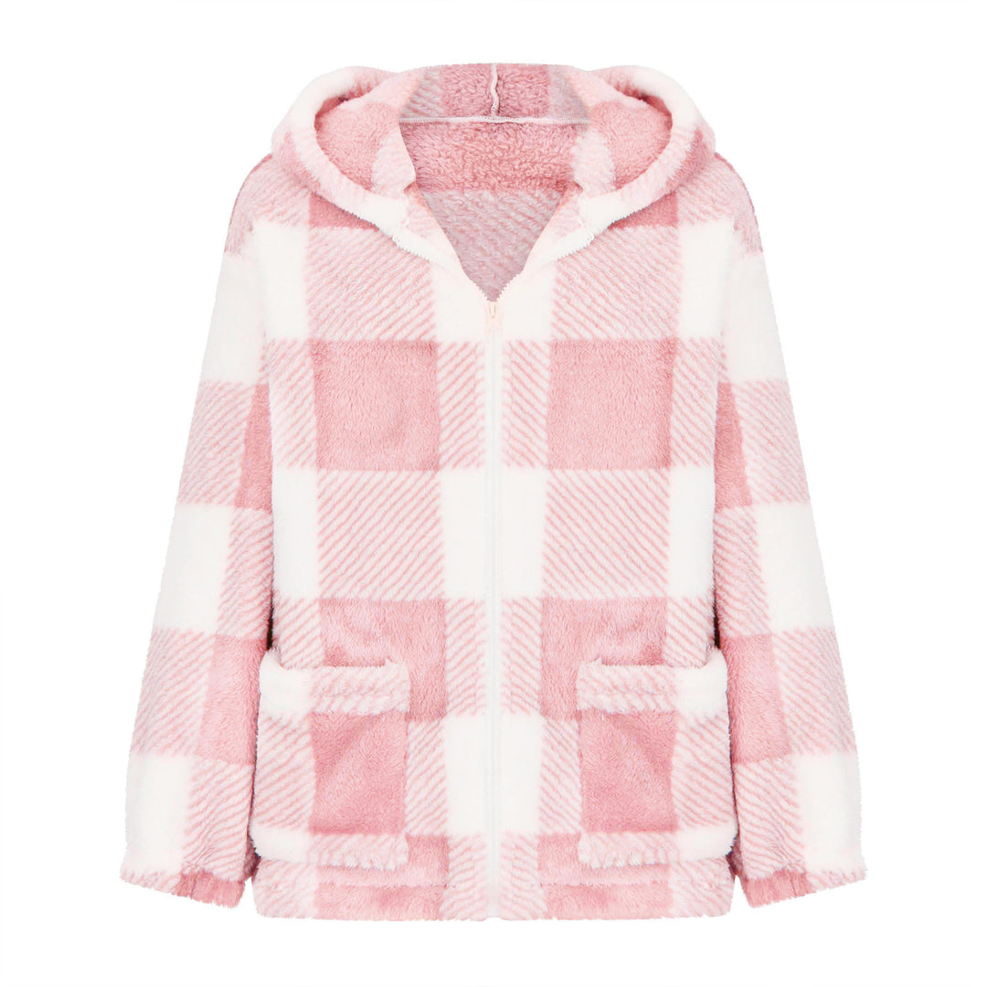 Damen nan dicke Karo-Teddyjacke mit Kapuze, Frontreißverschluss und aufgesetzten Taschen Drune
