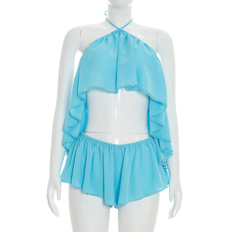 Damen Paty-Set mit Flügelbesatz und elastischen Shorts Drune