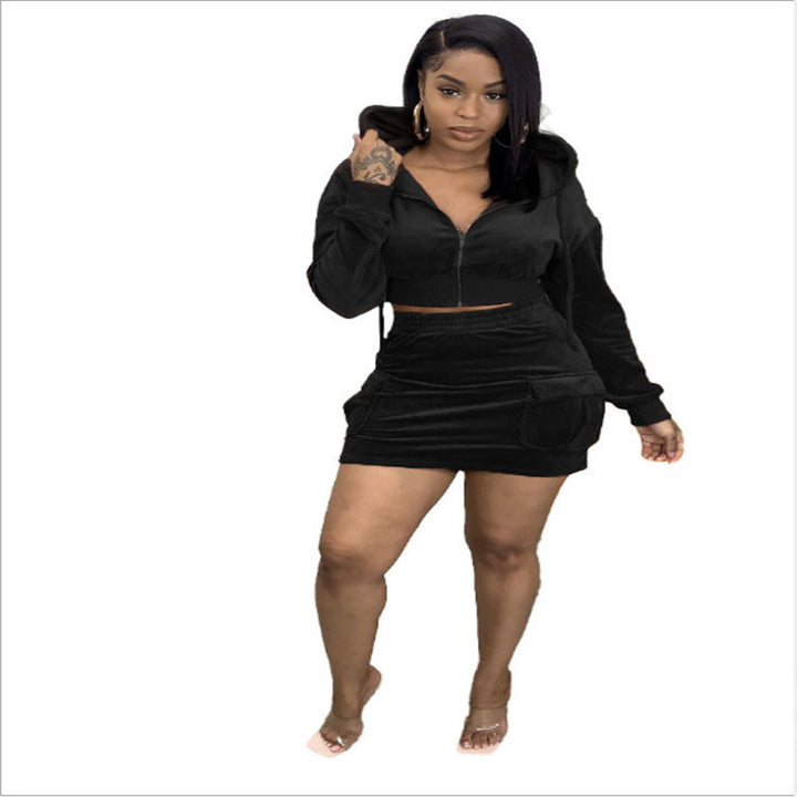Damen Sportliches Velours zwei-teiliges Set mit Kapuzensweater und kurzer Rockhose Drune