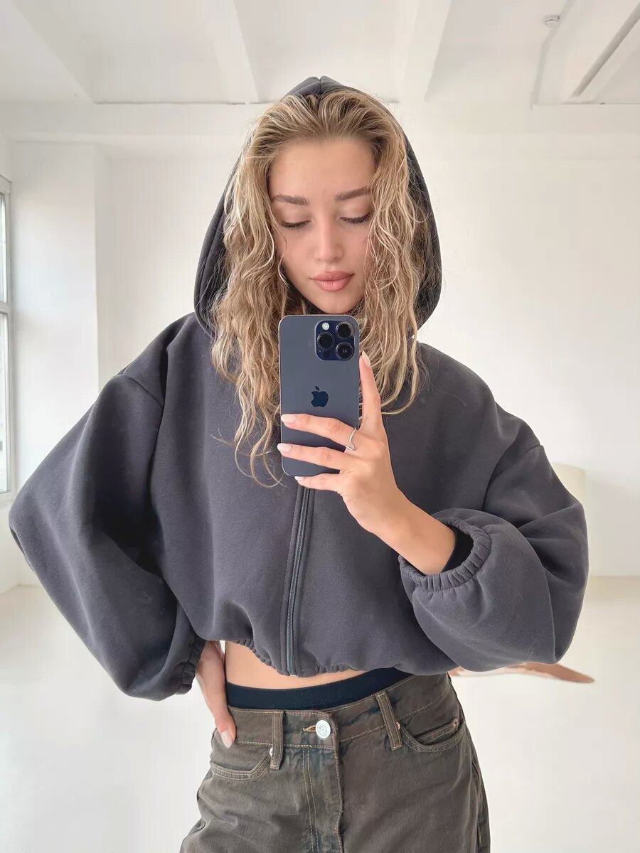 Damen nan oversized Kapuzenjacke kurz geschnitten mit elastischem Saum und Ballonärmeln Drune
