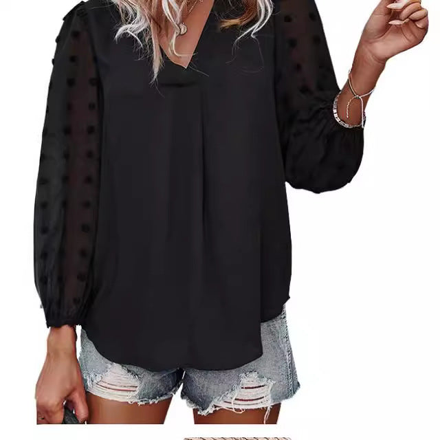 Damen Bluse mit transparenten Puffärmeln und Polka-Dot-Detail Drune