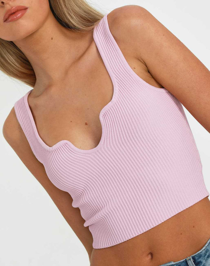 Damen Crop-Top mit Wellen-Ausschnitt und feiner Rippstruktur Drune