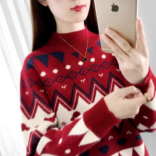 Damen festlicher Strickpullover im modernen Weihnachtsdesign mit geometrischem Muster und komfortablem Rundhalsausschnitt Drune