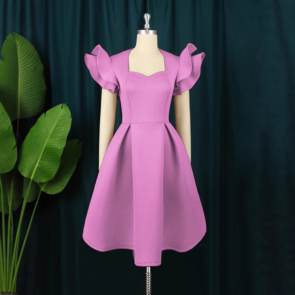 Damen elegantes Kleid mit voluminösen Rüschensäumen Drune