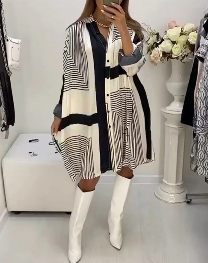 Damen Hemdblusenkleid mit grafischem Muster und voluminösen Ärmeln Drune