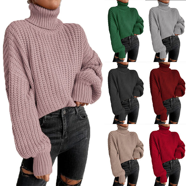 Damen Grob gestrickter Pullover mit hohem Kragen und weit ausgestellten Ärmeln Drune