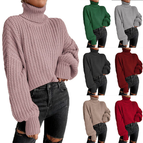 Damen Grob gestrickter Pullover mit hohem Kragen und weit ausgestellten Ärmeln Drune