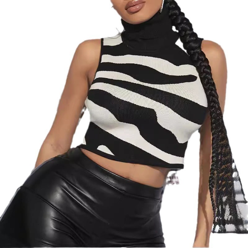 Damen modischer Cropped-Pullover mit hohem Kragen und Zebra-Design Drune