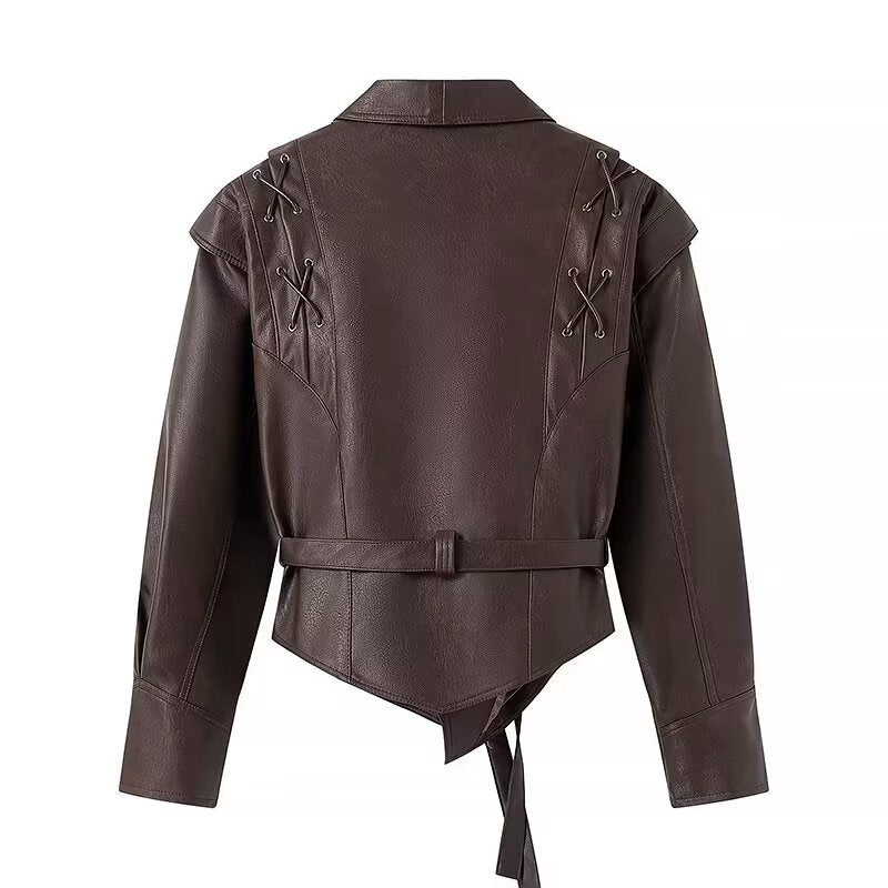 Damen Kunstlederjacke mit taillierbarem Gürtel und kontrastierenden Nähten Drune