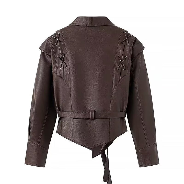 Damen Kunstlederjacke mit taillierbarem Gürtel und kontrastierenden Nähten Drune