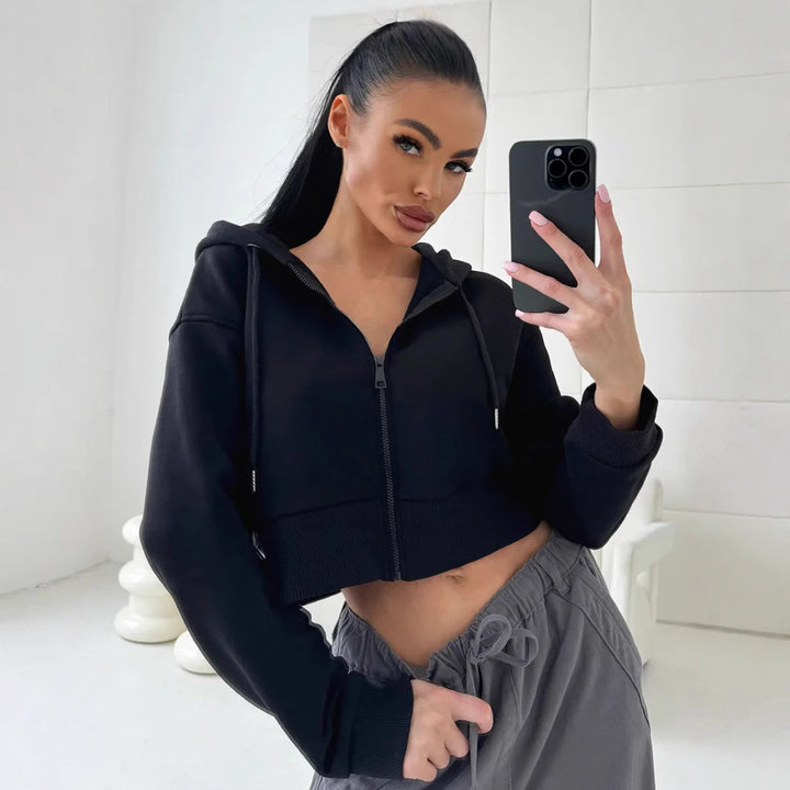 Damen Sportliches cropped Zip-Hoodie mit Kängurutasche und weiten Ärmeln Drune
