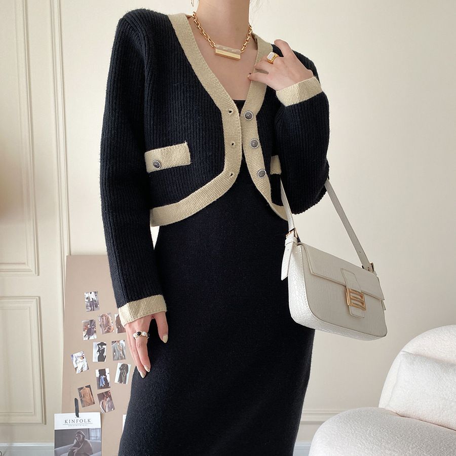 Damen modische Strickjacke mit Kontrastdetails und Taschen Drune