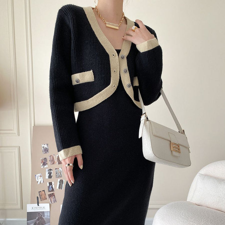 Damen modische Strickjacke mit Kontrastdetails und Taschen Drune
