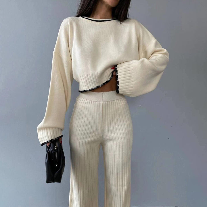 Damen Crop-Pullover und weite Hose Set mit moderne Rippstruktur Drune