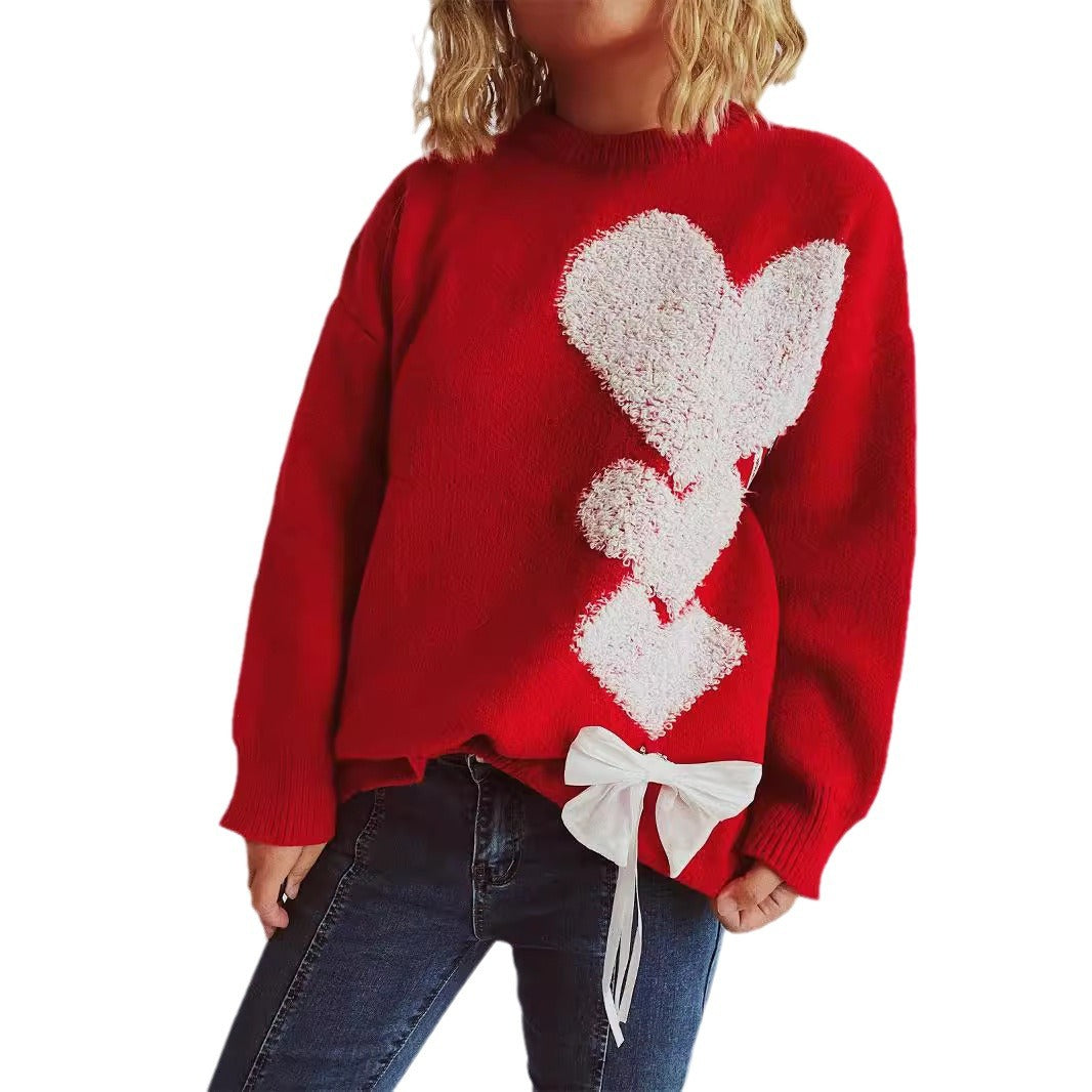 Damen Pullover mit herzförmigem Design und dekorativer Schleife Drune