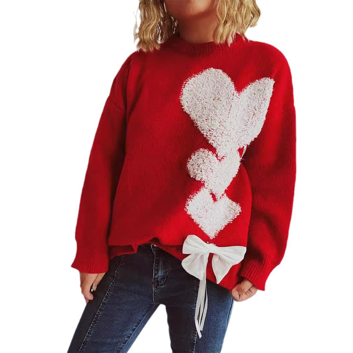 Damen Pullover mit herzförmigem Design und dekorativer Schleife Drune
