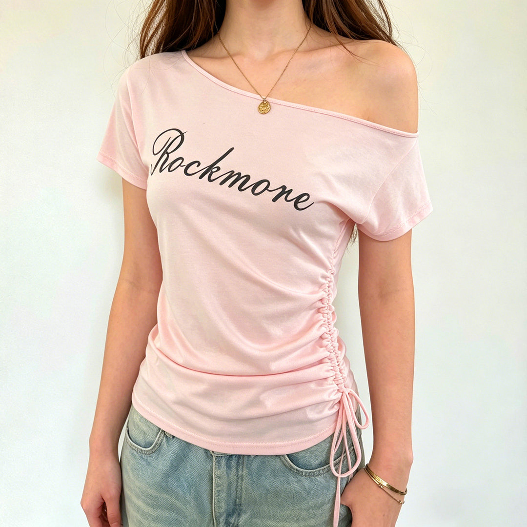 Damen Off-Shoulder T-Shirt mit Raffungen und modischem Schriftzug Drune
