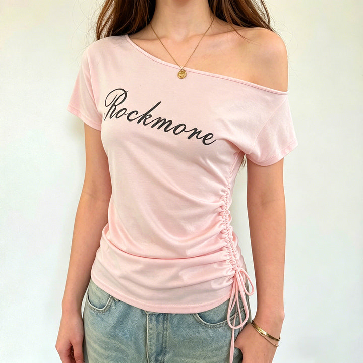Damen Off-Shoulder T-Shirt mit Raffungen und modischem Schriftzug Drune