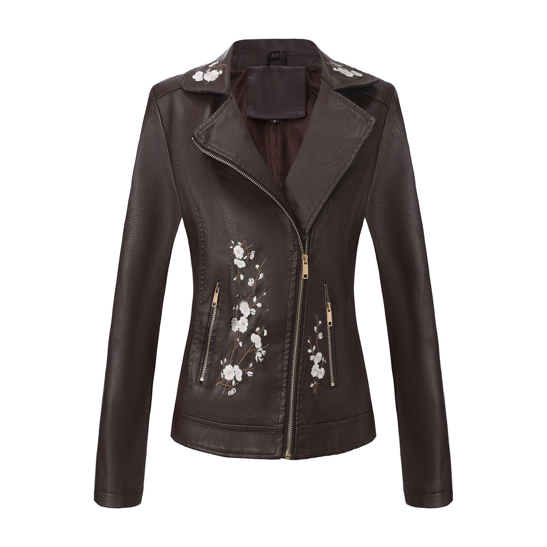 Damen modische Bikerjacke mit floralem Stickmuster Drune