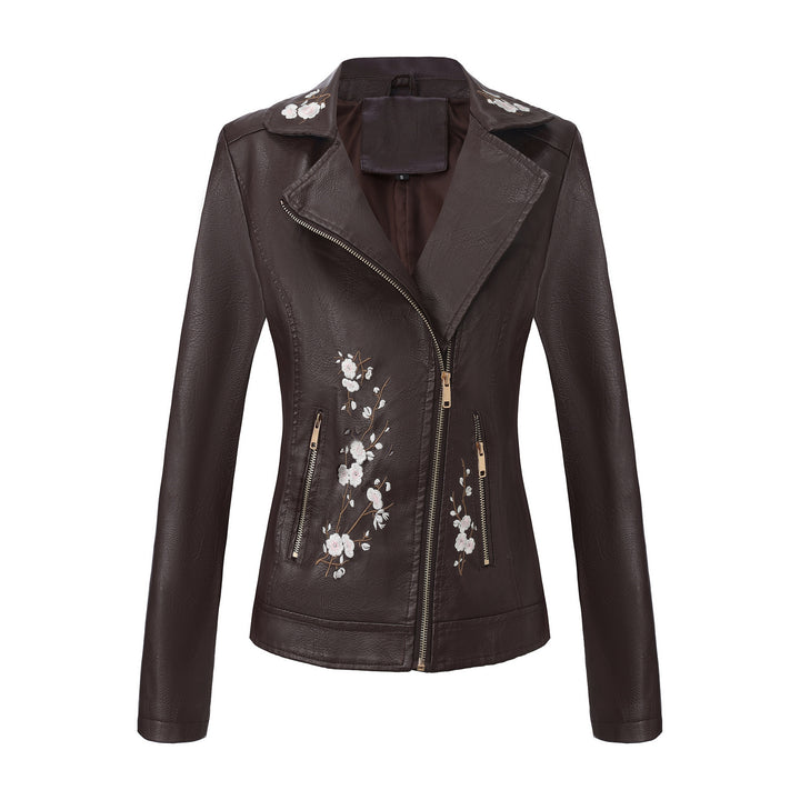 Damen modische Bikerjacke mit floralem Stickmuster Drune