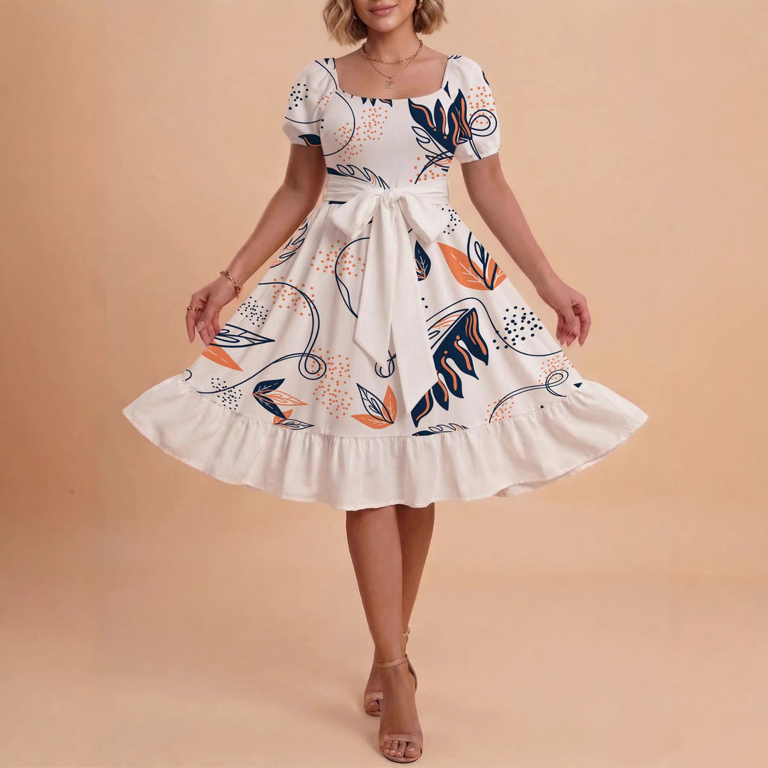 Damen Sommerliches Blumenkleid mit taillierbarem Gürtel und voluminösen Ärmeln Drune