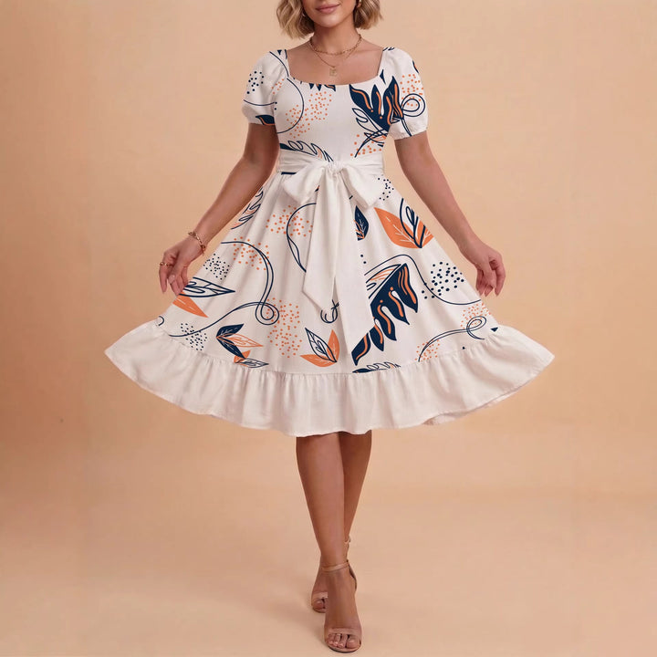 Damen Sommerliches Blumenkleid mit taillierbarem Gürtel und voluminösen Ärmeln Drune