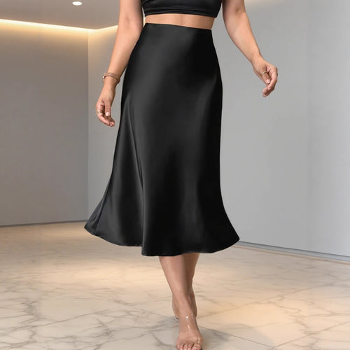 Damen Eleganter Satin-Midirock mit hohem Schnitt und fließendem Fall Drune