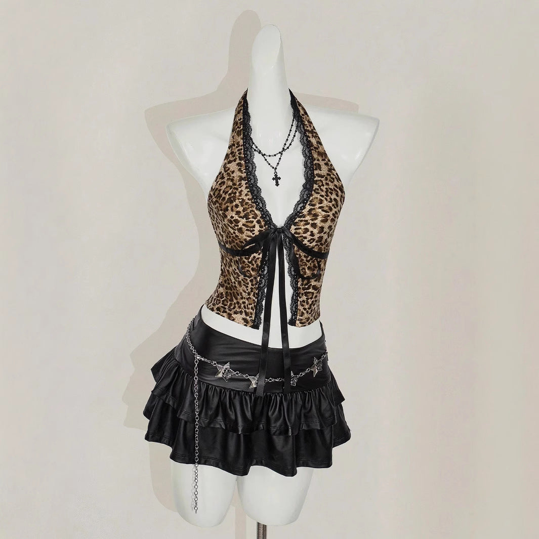 Damen Haltertop mit Spitzenverzierungen und Leopardenmuster Drune