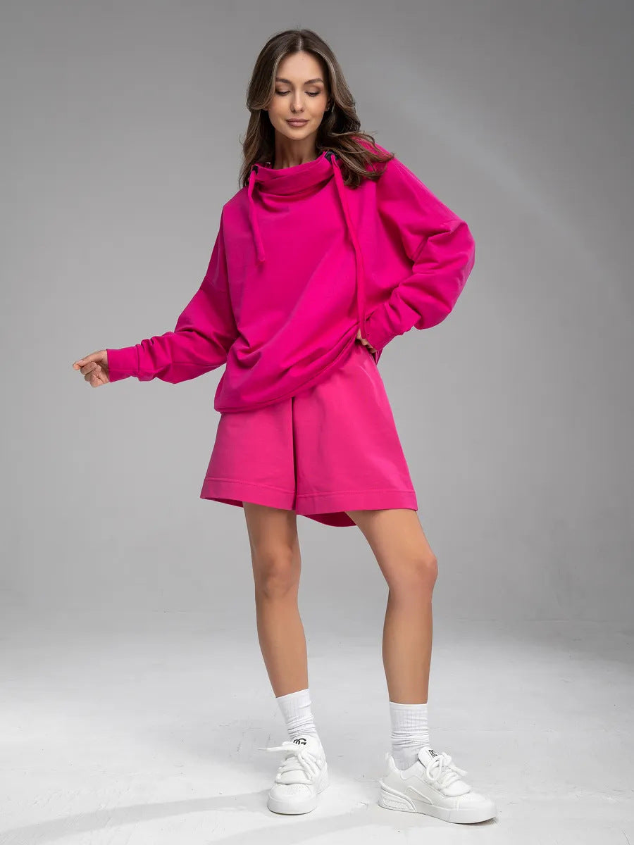 Damen bequemer und modischer Hoodie mit lässiger Kängurutasche und Shorts Set Drune