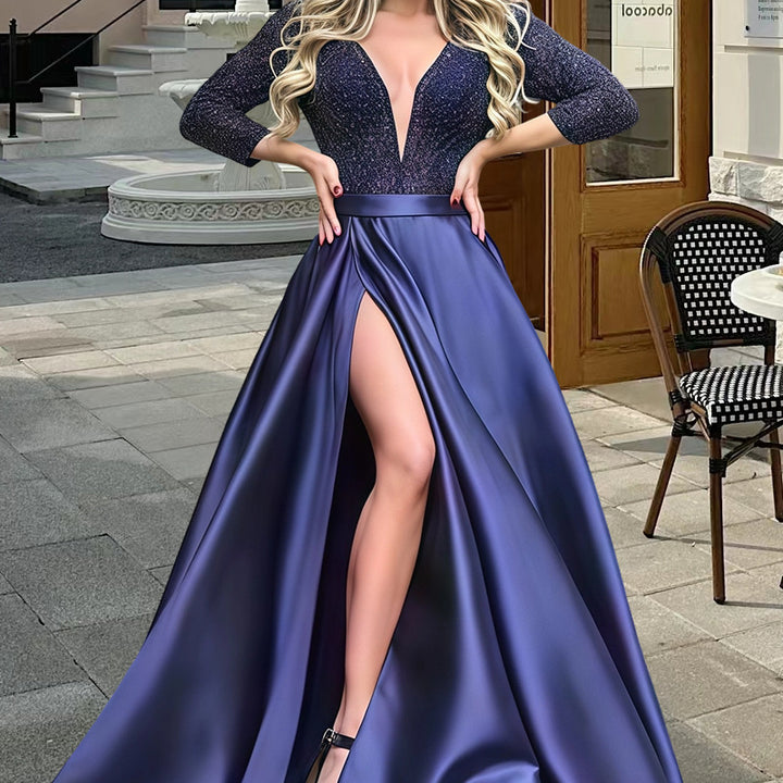 Damen Elegantes Abendkleid mit tiefem V-Ausschnitt und seitlichem Schlitz Drune